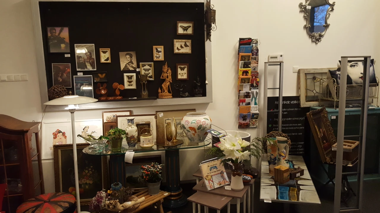 Winkelinterieur met kasten, vitrines en wanddecoraties met poppen, afbeeldingen en voorwerpen