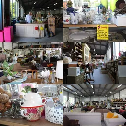 Overzicht van de winkelruimte met tafels, stoelen, servies en diverse spullen uitgestald