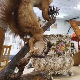 Taxidermie eekhoorn op tak boven decoratieve vaas met bloemenpatroon