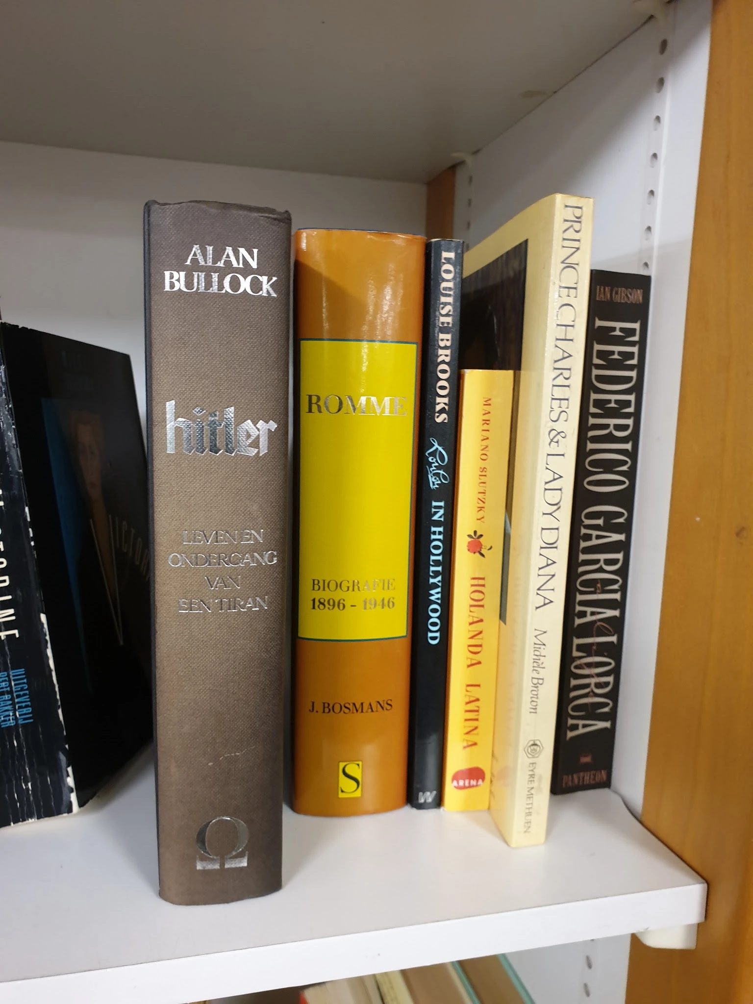Rij boeken op een plank, waaronder titels van Alan Bullock, ROVVM en Federico García Lorca