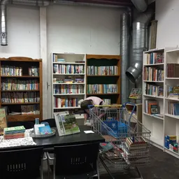 Boekenkasten en stellingen met boeken in een kringloopwinkel, winkelwagen op de vloer