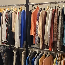 Rekken met tweedehands kleding in diverse kleuren en stijlen, met bovenrek voor jassen en onderrek voor broeken