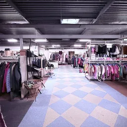 Ruim winkelinterieur met rekken vol tweedehands kleding in roze en zwarte tinten, diamantvormige vloer
