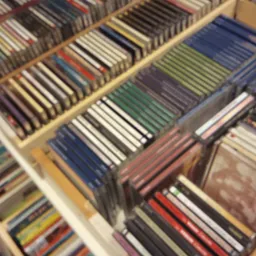 Rekken met cd's en dvd's gesorteerd op kleur in opbergdozen