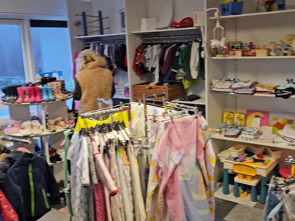 Overzicht van de winkelruimte met kledingrekken, stellingen en uitgestalde spullen
