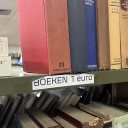 Boekenrek met oude en antieke boeken, waarvan enkele met gekleurde ruggen, met prijskaartje 'BOEKEN 1 euro'