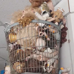 Kunststoffen mand vol met speelgoed, poppen en andere tweedehands spullen