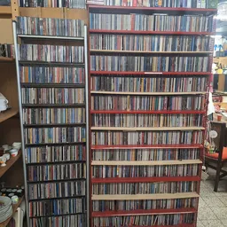 Grote stellingen met honderden CD's en DVD's netjes uitgestald in plastic hoezen