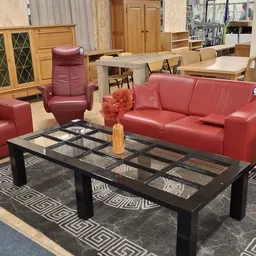 Woonkamer met rode leren bank, fauteuil, salontafel en meubels op achtergrond