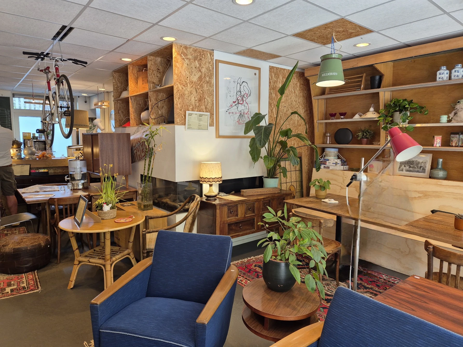 Winkelvloer met houten meubels, boekenkasten, fietsen, planten en zitmeubels; warm verlichte showroom met diverse vintage en 