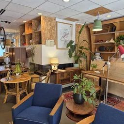 Winkelvloer met houten meubels, boekenkasten, fietsen, planten en zitmeubels; warm verlichte showroom met diverse vintage en 