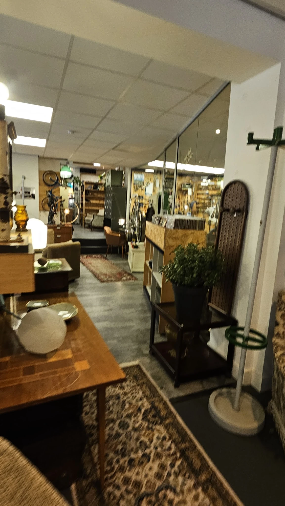 Binnenaanzicht van kringloopwinkel met houten meubels, stellingen met spullen en diverse inrichtingsartikelen