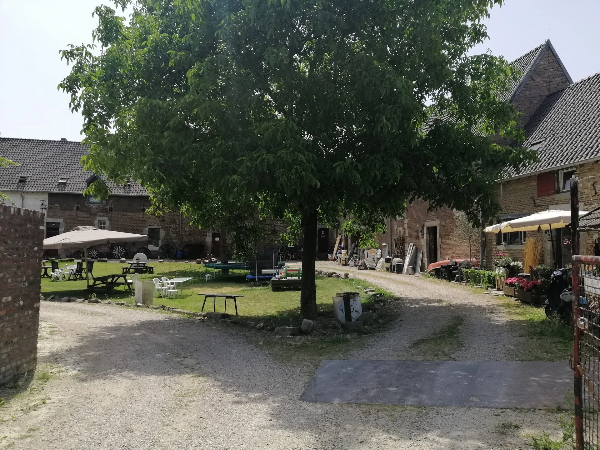 Buitenterrein met oude bakstenen gebouwen, grasveld, grote bomen en picknicktafels onder parasols