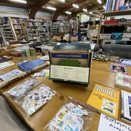 Houten tafel met diverse tweedehands boeken, postzegels, een Linguaphone-taalcursus en andere curiosa in een kringloopwinkel