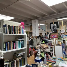 Binnenkant van kringloopwinkel met boekenkasten, stellingen vol spullen en diverse items