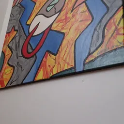 Kunstwerk met abstract ontwerp in blauwe, rode en gele kleuren met vlammen