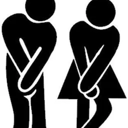 Pictogrammen van man en vrouw met kruisende benen, waarschijnlijk een toilet- of WC-bord