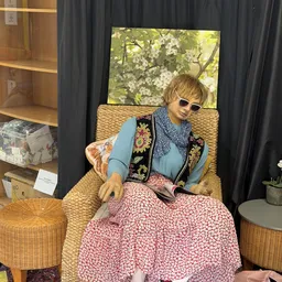 Mannequin in vintage outfit zittend op rieten stoel in winkelhoek met zwarte gordijnen en houten stellingen op achtergrond