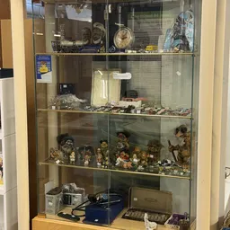Glazen vitrinekast met diverse verzamelde beeldjes, poppen, miniatuurfiguren en decoratieve voorwerpen op meerdere niveaus