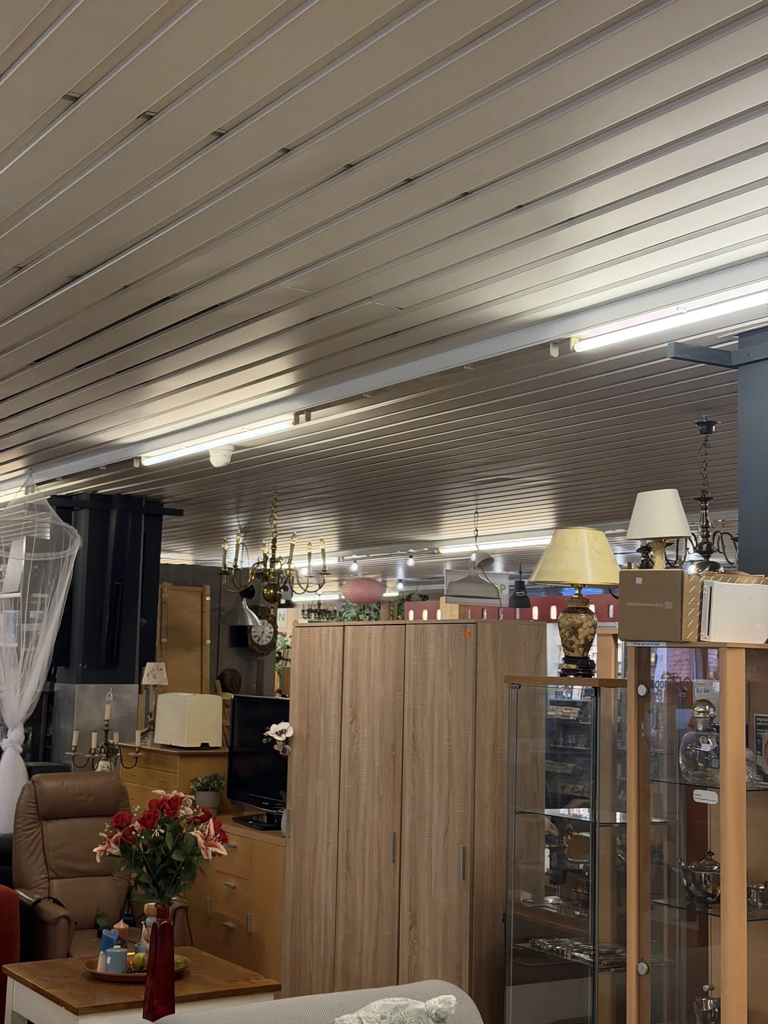 Winkelbinnenkant met stellingen, lampen, decoratieve items en sfeerverlichting