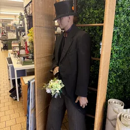 Mannequin in zwart pak met hoed en wit bloemstuk in de hand