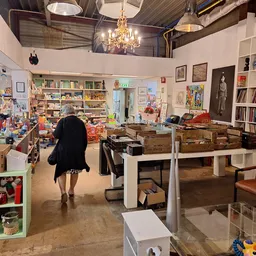 Winkelvloer van kringloopwinkel met boekenkasten, speelgoed, meubels en diverse spullen; een persoon loopt door het interieur