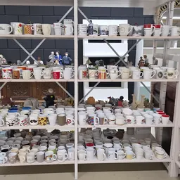 Witte stellingen vol met verzamelde serviesgoed, kopjes, kannen en decoratieve items uit de kringloopwinkel