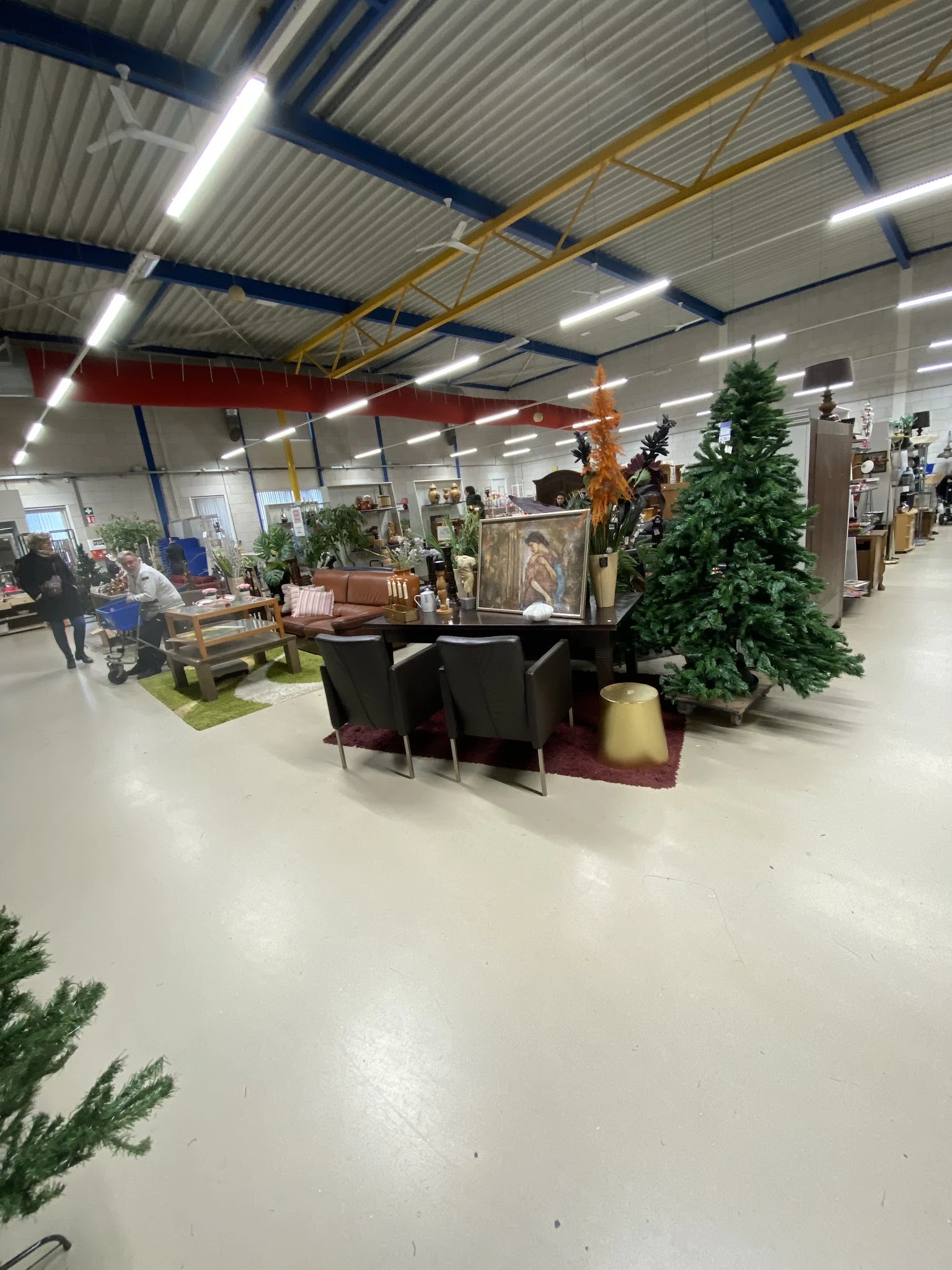 Winkelvloer met diverse meubelstukken zoals zithoeken, tafels en decoratieve objecten, met planten en verlichte plafondconstr