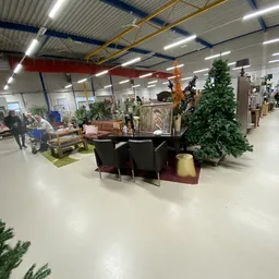 Winkelvloer met diverse meubelstukken zoals zithoeken, tafels en decoratieve objecten, met planten en verlichte plafondconstr