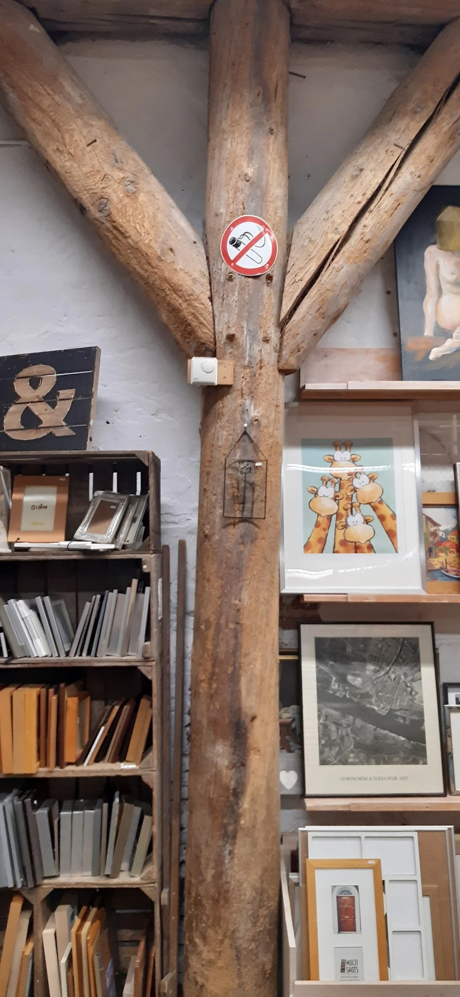 Houten stellingen met tweedehands boeken, kunst aan muur en decoratieve voorwerpen in kringloopwinkel