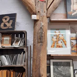 Houten stellingen met tweedehands boeken, kunst aan muur en decoratieve voorwerpen in kringloopwinkel