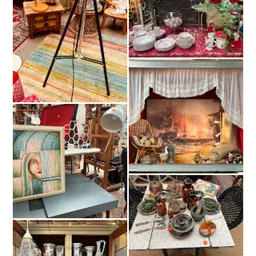 Collage met diverse tweedehands spullen: een kapstok, servies, schilderij, meubilair en decoratieve items