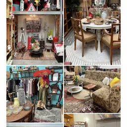 Vier verschillende kijkhoeken van kringloopwinkel met meubels, kleding, servies en huishoudartikelen
