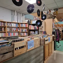 Winkelinterieur met boekenrekken, houten kasten met tweedehands spullen en vinyl platen als decoratie