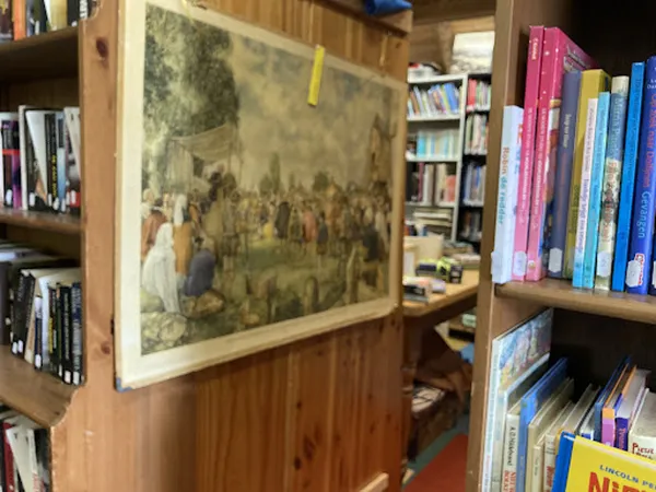 Boekenkast met houten stellingen vol boeken en een schilderij aan de muur in de winkel