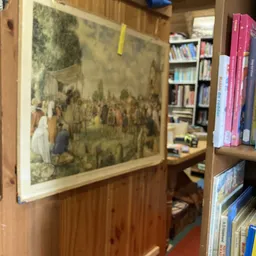 Boekenkasten met boeken en een ingelijste schilderij aan de wand in de kringloopwinkel