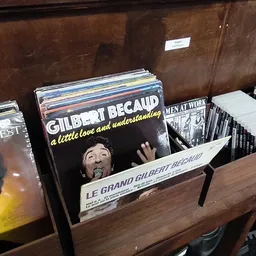 Rekken met tweedehands cd's en dvd's, waaronder een duidelijk zichtbare Gilbert Bécaud-album op de voorgrond
