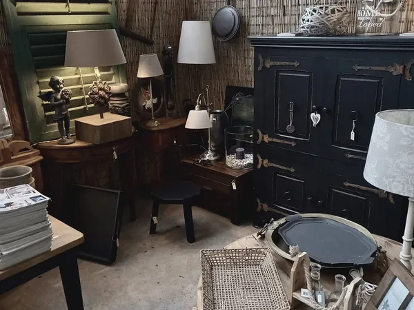 Kringloopwinkel met meubels en lampen: zwarte kasten, houten tafels, lámpen met witte kappen, wanddecoratie en huisraad.