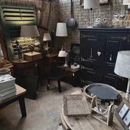 Kringloopwinkel met meubels en lampen: zwarte kasten, houten tafels, lámpen met witte kappen, wanddecoratie en huisraad.