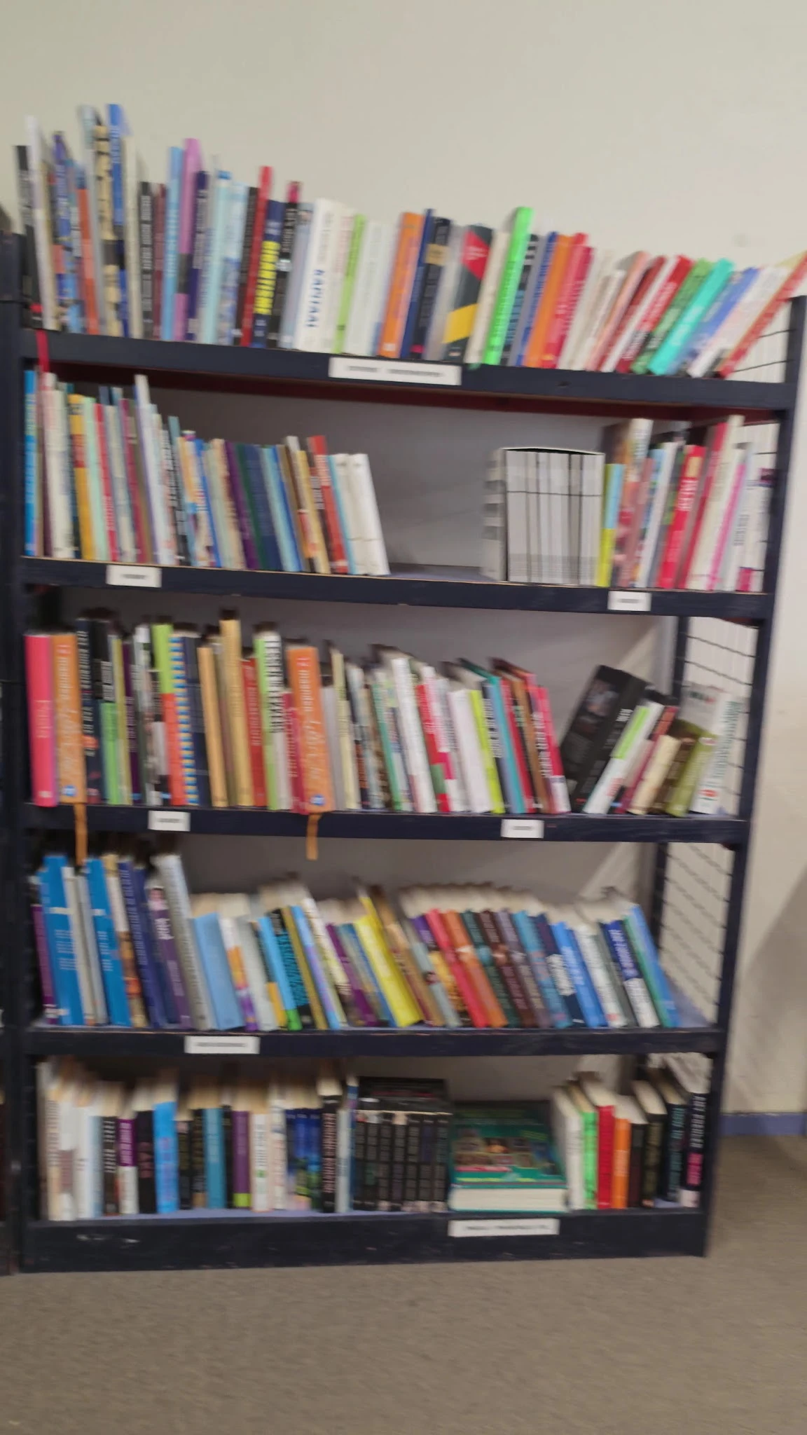 Boekenkasten met uitgestalde tweedehands boeken in verschillende kleuren op drie planken