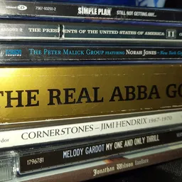 Stapel cd's en dvd's met artiesten zoals Simple Plan, ABBA en Jimi Hendrix