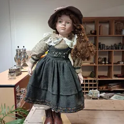Porseleinenpop in historische jurk met kant en geruit patroon, staand op tafel in een winkelinterieur