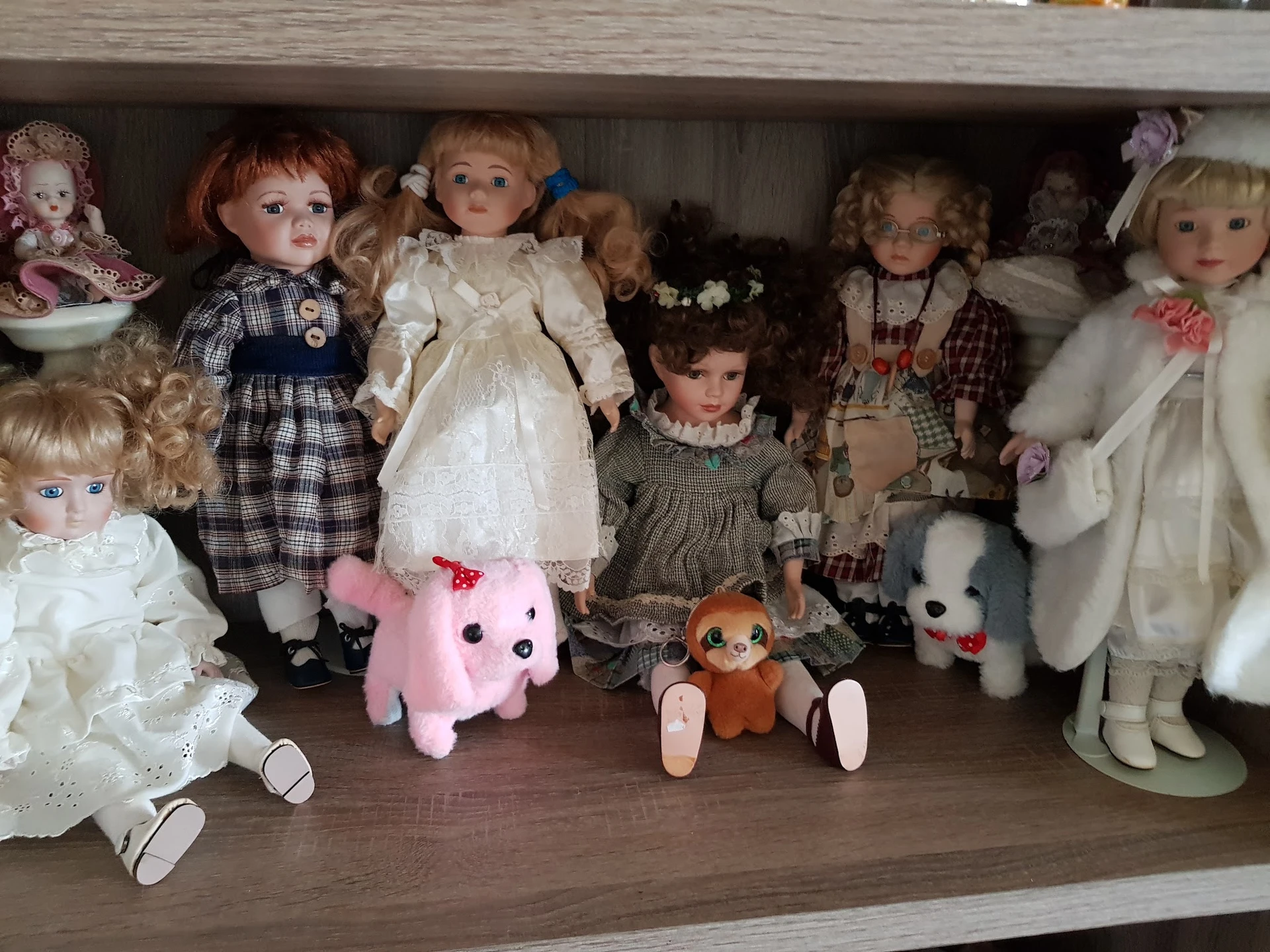 Verzameling pop- en speelgoeddieren op een houten plank in de winkel