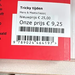 Prijssticker met nieuwprijs €25,00 en kringloopprijs €9,25 voor Mens & Maatschappij boek