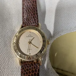 Goudkleurig horloge met bruinen leren band en Romeinse cijfers op het display