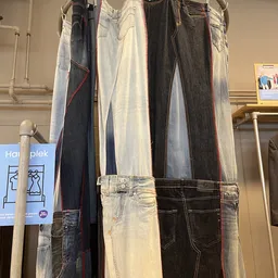 Rekken met tweedehands jeans in verschillende kleuren en wassen