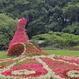 Bloemendisplay met roze en witte bloemen in parklandschap