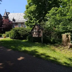 Voortuin met struiken, houten boekenhuisje en bakstenen gebouw op achtergrond