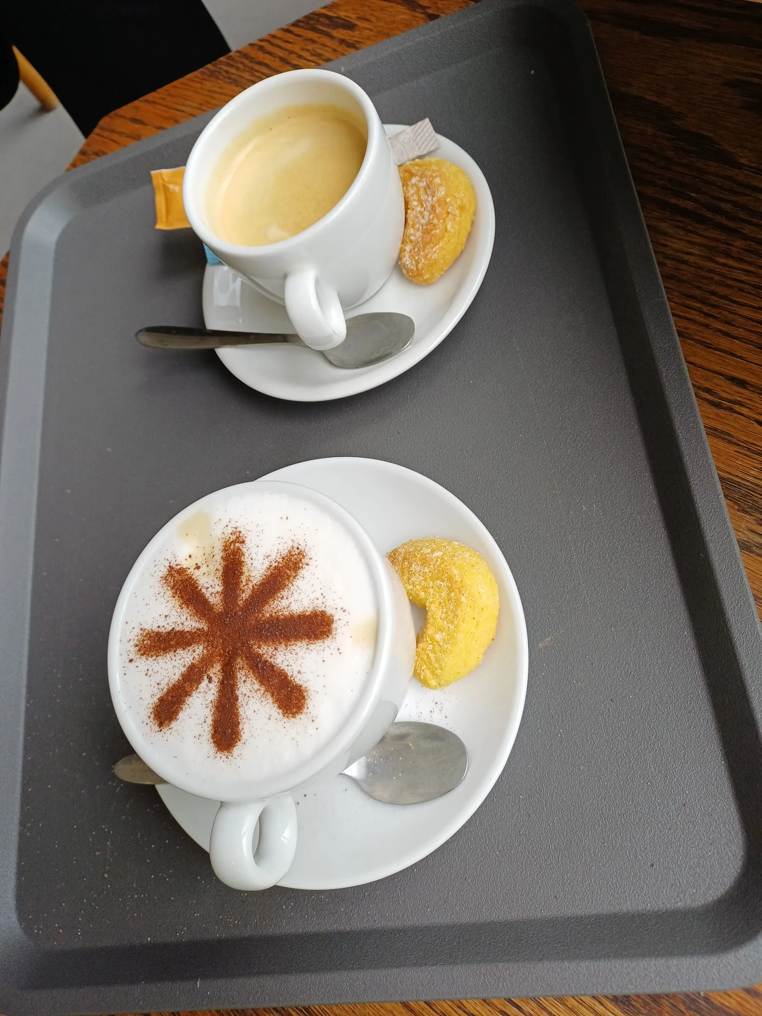 Twee kopjes cappuccino met kaneeldecoratie en beschuit op grijze tafel in lunchroom