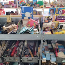 Grijze plastic bakken met kinderspeelgoed, boeken en diverse artikelen op planken in een kringloopwinkel